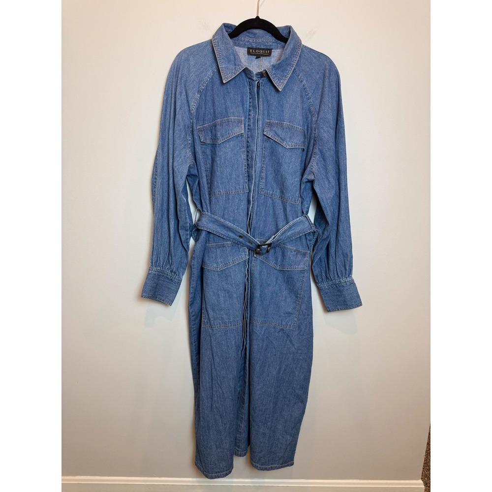 Eloquii Denim Belted Maxi Dress Long Sleeve Button Up Pockets 18 Plus Western